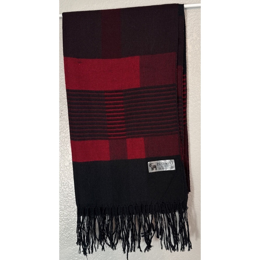 100% Pashmina Scarf Luxury Red Black Buffalo Plaid Blanket Wrap Shawl Fringed